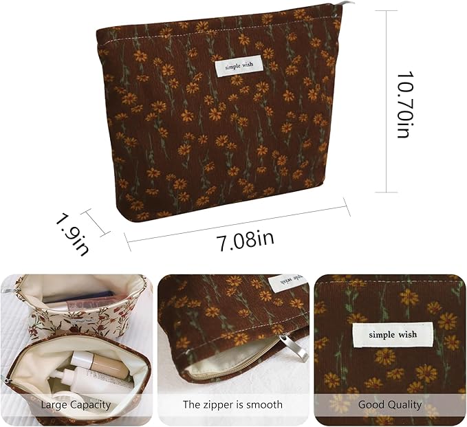 Wudygirl Cute Makeup Bag for Women - Travel Cosmetic Bag with Zipper Makeup Pouch Floral Make up Organizer Handbag Aesthetic (Brown Floral)