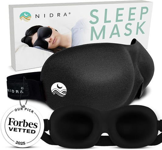 Nidra Contoured Sleep Mask for Side Sleepers – Zero Pressure Fit, Light Blocking Eye Shade for Sleeping & Travel – Black, Standard Size