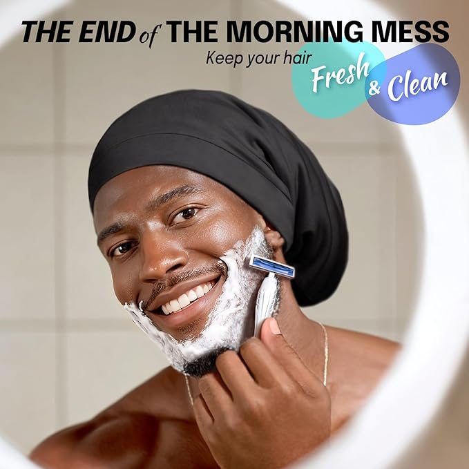 Large Satin Bonnet for Men Sleeping: Loc Cap Dreadlocks for Curly Braids Wave, Silky for Frizzy Hair Smooth, Adjustable No Slip Black