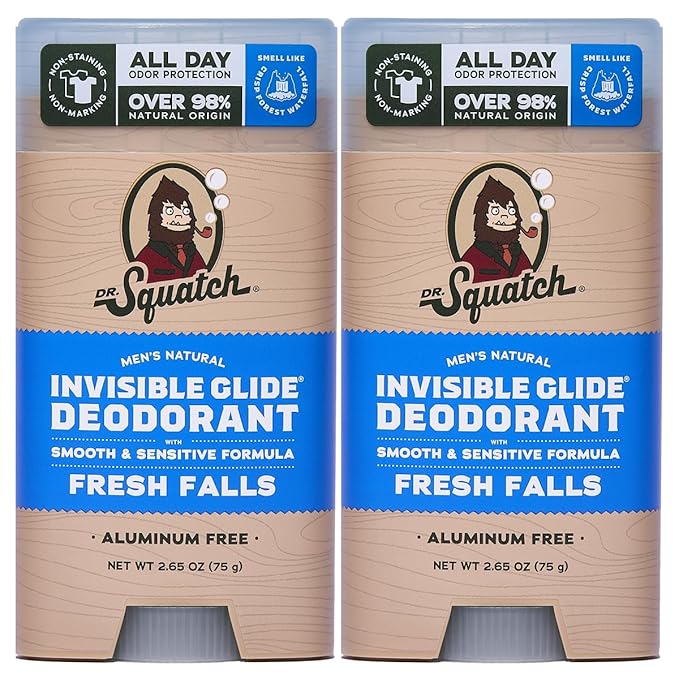 Dr. Squatch Invisible Glide Natural Men’s Deodorant – Smooth Glide, No Stains – Aluminum Free Deodorant Men – Safe for Sensitive Skin – Fresh Falls, 2.65oz (2-Pack)