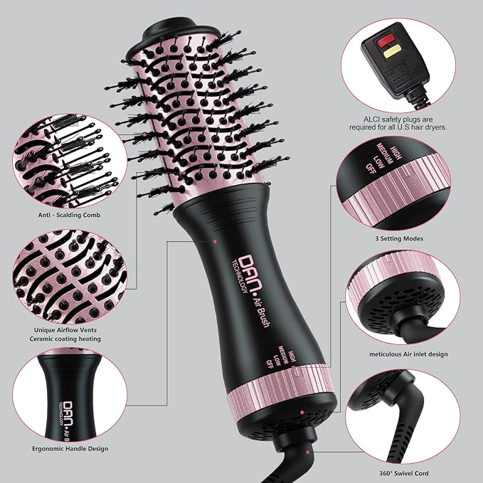 DAN Dual Voltage Hair Dryer Brush, Auto Dual Voltage 110V-120V/220V-240V Travel Hair Dryer Brush,Small Hot Air Brush with Multifunctional Conversion Plug,4 in 1 Blow Dryer Brush and Styler Volumizer