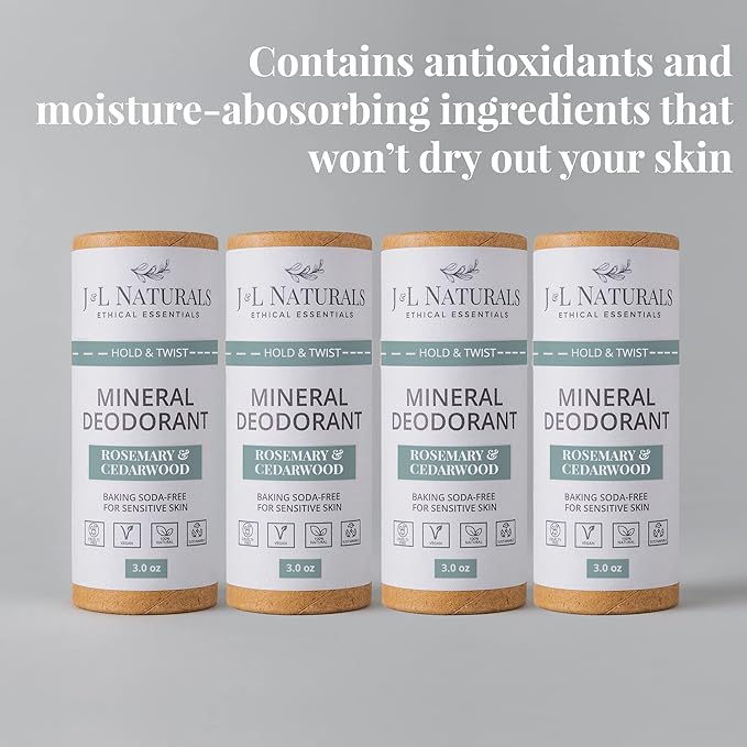 J&L Naturals Mineral Deodorant | Baking Soda-Free, 100% Natural, Sustainable | Sensitive Deodorant For Women & Men | Aluminum Free, Vegan, Cruelty-Free (Rosemary & Cedarwood, 3 Oz (Pack of 4))
