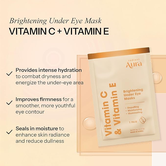 Radiant Aura Vitamin C & Vitamin E Under Eye Patches – Dermatologist Tested, Anti Aging, Korean Skin Care – Hydrates, Firms, Reduces Look Of Fine Lines, Puffiness Reducer – Vegan, Clean – 15 Pairs