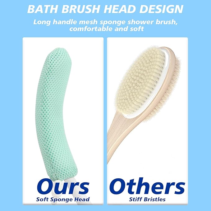 15.35" Back Bath Brush with Sponge,Back Scrubber Bath Mesh with Anti-Slip Curved Long Handle Bath Body Brush for Elderly Aid Bathing and Shower