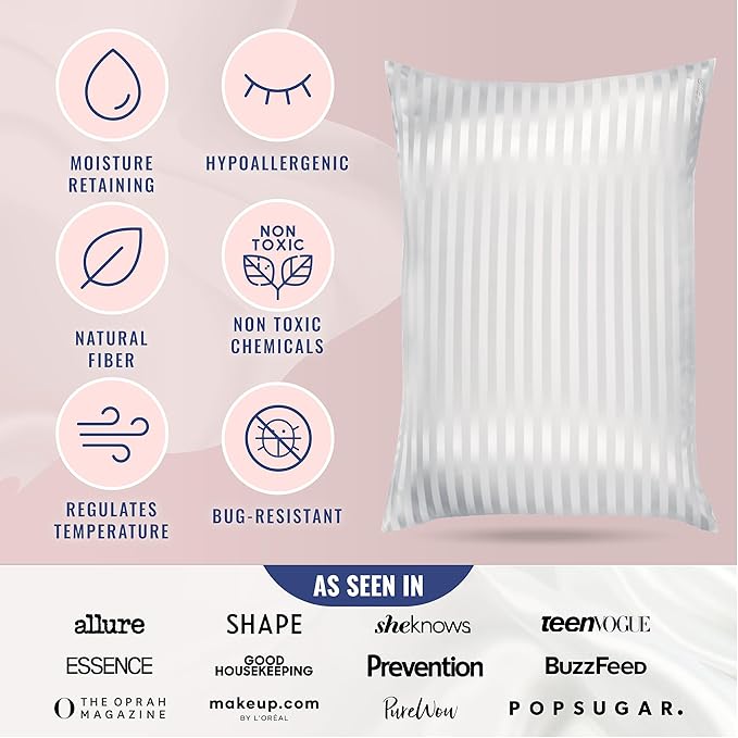 Blissy Silk Pillowcase - 100% Pure Mulberry Silk - 22 Momme 6A High-Grade Fibers - Silk Pillow Cover for Hair & Skin - Regular, Queen & King (White Striped, Standard)