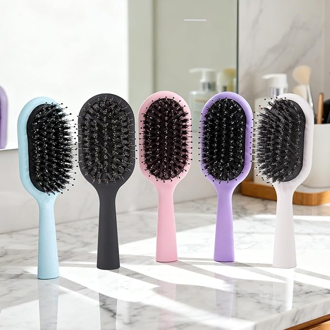 Boar Bristles Hair Brush for Women Men and Kids, Detangling Hair Brush for Smoothing Massage Add Shine, Nylon&Boar Bristles brush for Hair Healthy, Easy to Storage(Black)