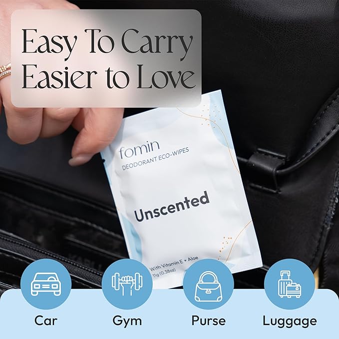 FOMIN Travel Deodorant Wipes - 50 Count - Unscented - pH Balanced, Hypoallergenic Mini Deodorant For Women and Men - Plastic-Free, Individually Wrapped Underarm & Body Wipes