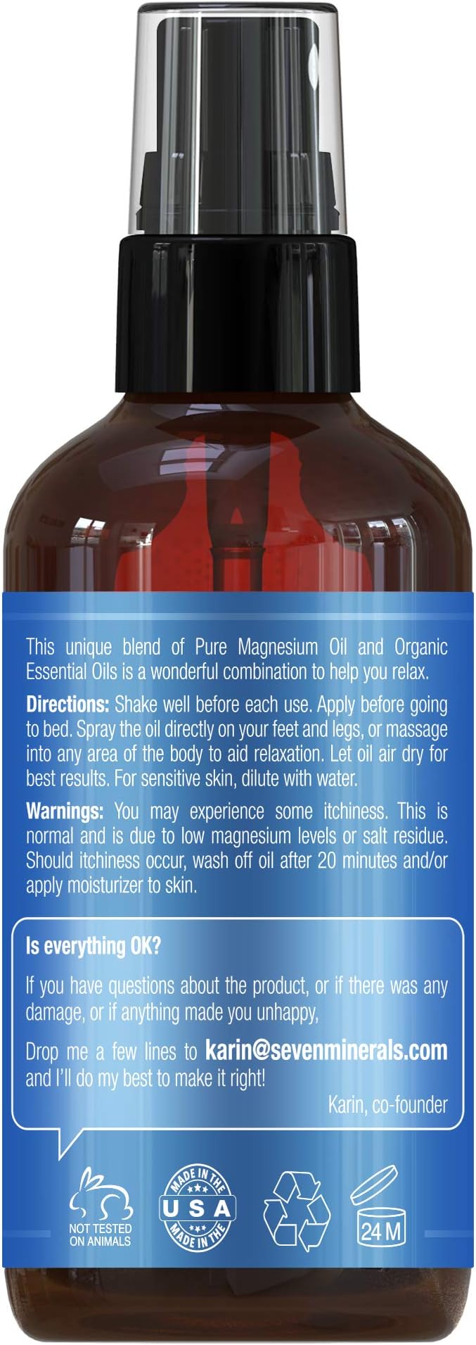 Seven Minerals Relaxing Night Magnesium Spray, Powerful Organic Blend of Essential Oils (Cedarwood, Lavendar, Sweet Marjoram, & Clary Sage) 4 fl oz
