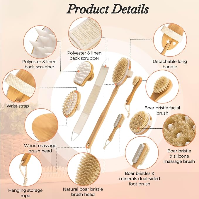 9 Packs Dry Brushing Body Brush Set for Lymphatic Drainage, Cellulite Massager and Scalp Care, Long Handle Dry Brush for Body, Natural Boar Bristle Body Brush Exfoliator