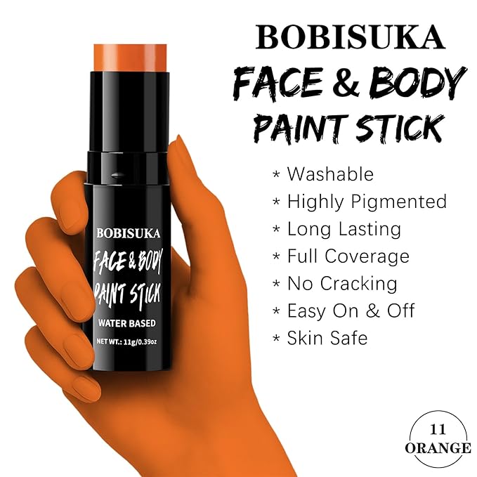 BOBISUKA Orange Face & Body Paint Stick Water-Based Washable Face Paint Makeup Stick for Halloween Pumpkin, Skeletons, Skull, Fox, Tiger, Cosplay, SFX, Sports Eye Black & Costume Party