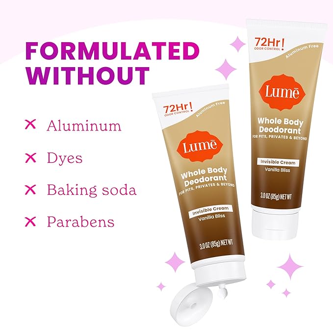 Lume Whole Body Deodorant - Invisible Cream Tube - 72 Hour Odor Control - Doctor Developed - Aluminum Free, Baking Soda Free and Skin Loving - 3.0 Ounce (Pack of 2) (Vanilla Bliss)