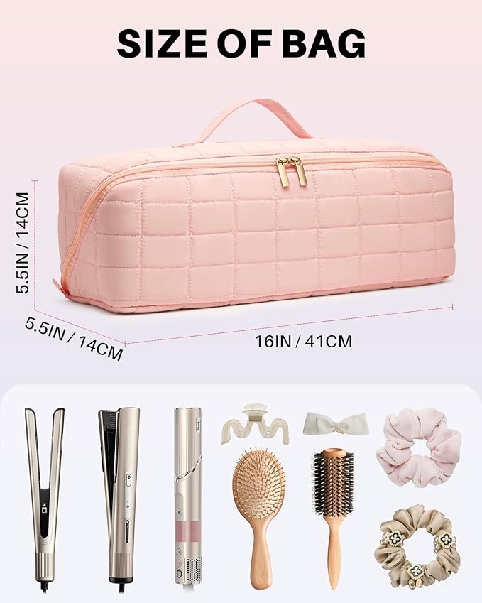 Hot Tools Travel Case with Heat Resistant Mat Pouch, Large Hair Tool Organizer Bag for Curling Iron Flat Iron Hair Dryer Hot Air Brush, Water Resistant Makeup Bag Gift for Women, Pink