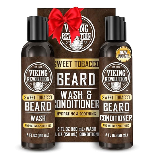 Viking Revolution Beard Wash and Beard Conditioner for Men with Argan Oil and Jojoba Oil - Beard Softener and Strengthener Beard Care Beard Shampoo and Conditioner with Beard Oil (5oz, Sweet Tobacco)