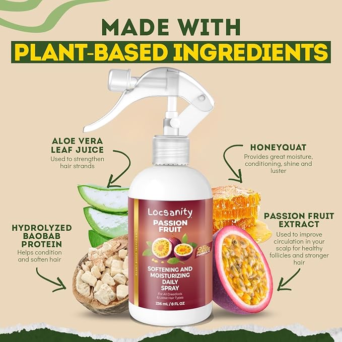 Locsanity Daily Moisturizing Spray for Dull, Dry Locs – Passion Fruit Hair and Scalp Moisturizer for Dreadlocks, Sisterlocks, Microlocks, Braids to Control Oil and Frizz (8 fl oz)