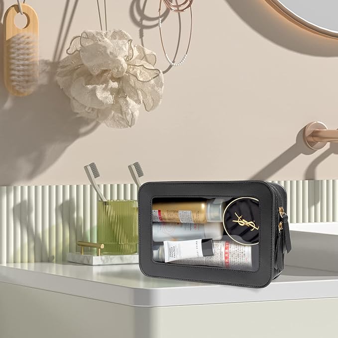 LETGO Clear Makeup Bags, TSA Approved Toiletry Bag with Zipper, Clear Makeup Organizer Fit Carry-on Travel Essentials,Clear Cosmetic Bags for Women Men (O-Black)