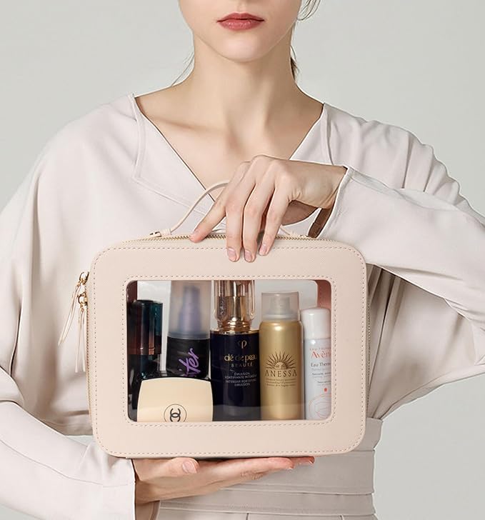 LETGO Clear Makeup Bag Organizer, Travel Toiletry Bag Cosmetic Case for Women, Portable Make Up Skincare Pouch Car Organizer Bag with Zippers for Essentials(Large-Beige)