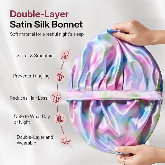 LitBear Silk Satin Bonnet for Sleeping Women, Adjustable Double Layer Hair Bonnet with Scrunchies for Curly Natural Hair, Non Slip Softer Night Sleep Cap