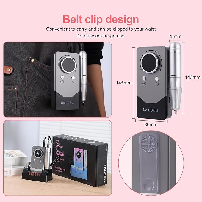 Electric 45000RPM Nail Drill Machine Rechargeable Portable Nail File Electric DIY Nail Drill Kit with Smart LCD Screen for Gel Nail Manicure and Pedicure Reflective Body etc (Grey)