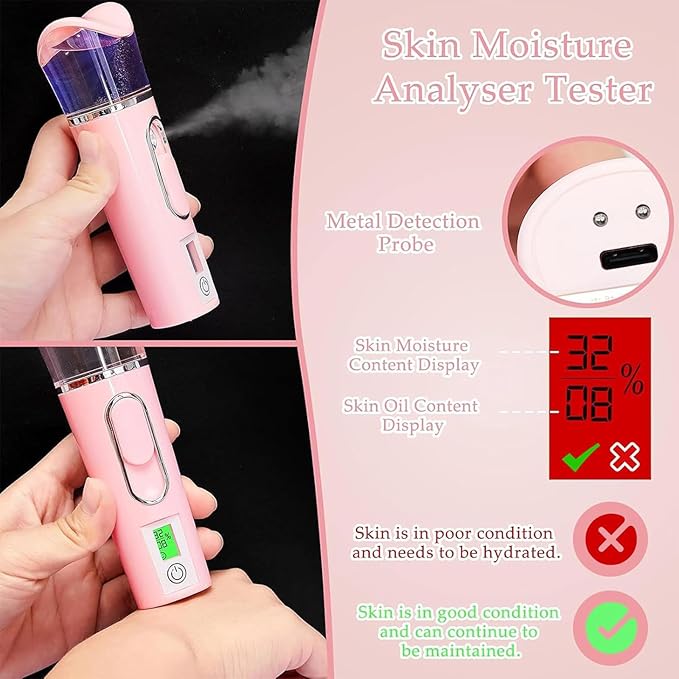 2 Pieces Handy Nano Mist Sprayer with Skin Analyzer Moisture Tester Portable Nano Facial Mister Face Steamer Atomization Mini Eyelash Extensions USB Rechargeable Moisturizing & Hydration for Skin Care