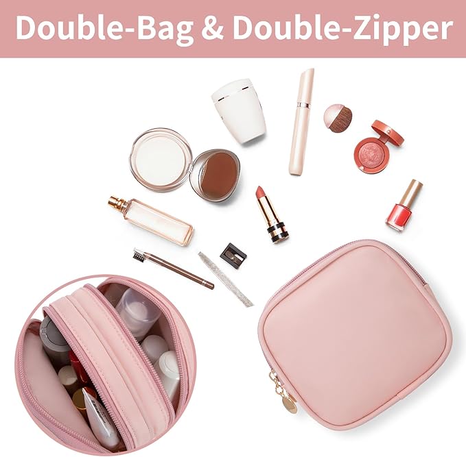 Small Makeup Pouch, Double Zipper Cosmetic Bag, Travel Makeup Bag, Cute Makeup Bag for Purse, Mini Toiletry Bag (pink)