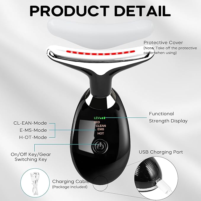 Red Light Therapy for Face, 7 Color LED Facial Light Therapy Wand for Skin Care at Home Blue Light Therapy Face Massager Tool for Neck (Black)