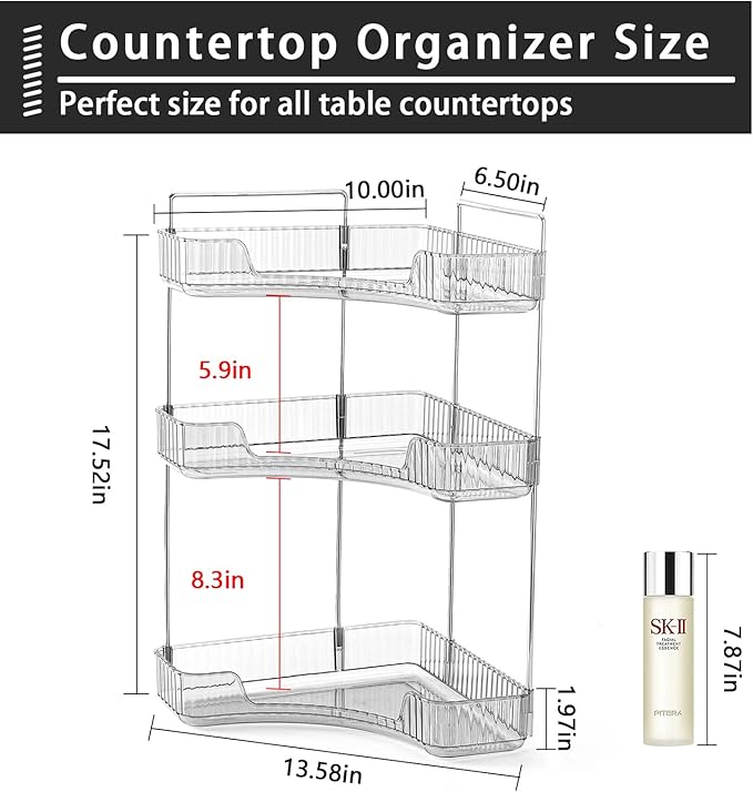 3-Tier Corner Bathroom Counter Organizer – Classic Storage Shelf for Makeup, Perfume & Toiletries, Space-Saving Countertop Tray Fits Bathroom, Dresser, Kitchen (Slate Gray)