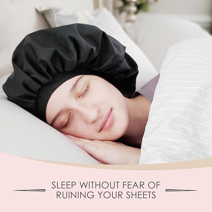 Reusable Oil Proof Nightcap, Protective Hair Bonnet and Shower Cap, Leakproof, Oilproof, and Waterproof, Black, Now 2 Sizes!