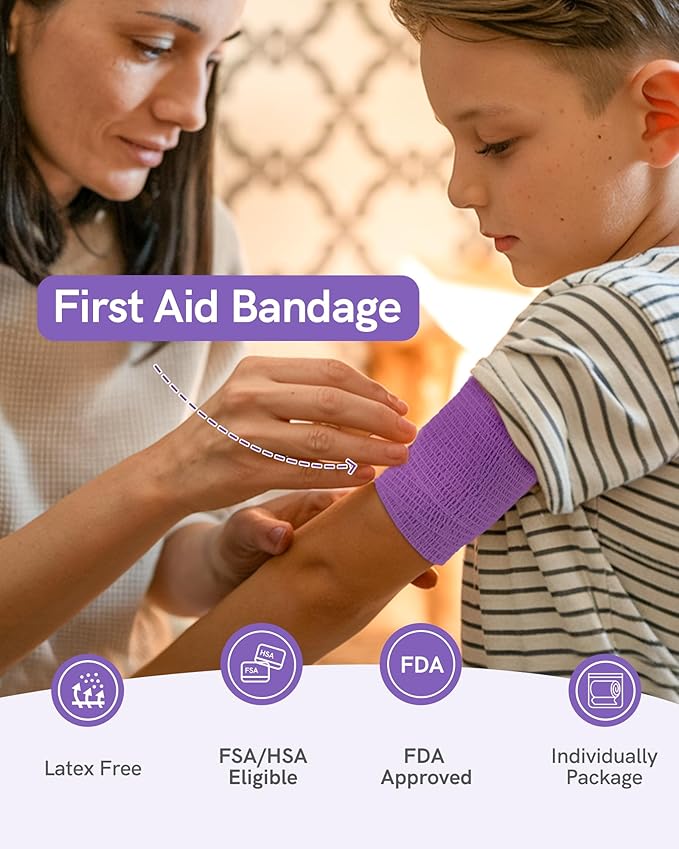 FriCARE Self Adhesive Bandage Wrap, Medical Tape in First Aid Kit, Cohesive Bandages for Wounds Sport Vet, 2 Inches X 5 Yards 6 Rolls, Purple
