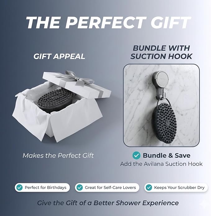 Avilana Silver Edition Exfoliating Body Scrubber - Silver-Ion Infused Silicone Bath Brush, ISO Tested Dual Sided, Stays Fresh Firm Bristles Smooth Rough Bumpy Skin Texture Loofah Alternative Women Men