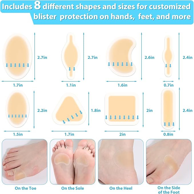 64ct Blister Bandages Waterproof Hydrocolloid Gel Pads for Heels & Toes, Adhesive Blister Cushions for Foot Protection, Hiking Essentials, Blister Prevention Patches, Soft Variety Band-Aids