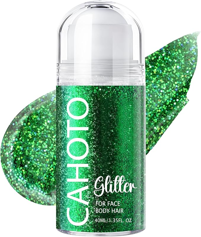 CAHOTO Green Rolling Glitter for Face Body & Hair, Roll-on Sequins for St. Patrick's Day, Sparkling Accessories for Christmas Concert Rave Festival Halloween Party Mardi Gras Carnival, 1.35fl.oz