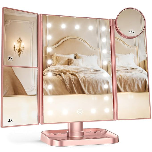 HUONUL Makeup Mirror, Vanity Mirror with Lights, 2X/3X/10X Magnification, Touch Control, Trifold, Dual Power Supply, Valentines Day Gifts for Her,Gifts for Women, Wife, Mom, Girls,Dorm Room Essentials