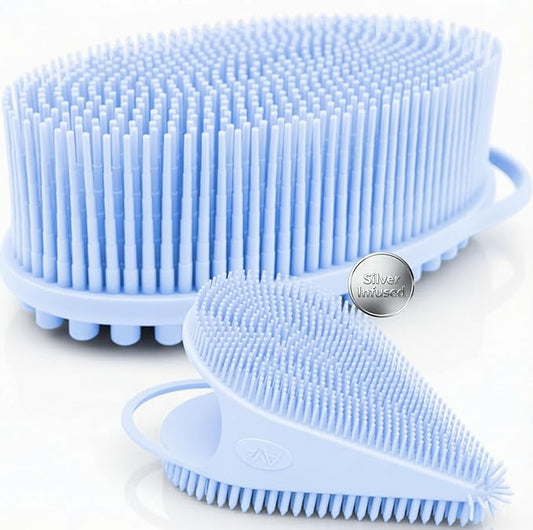 Avilana Silver Edition Body Scrubber and Face Brush Set - Silver-Ion Infused Silicone 2-in-1 Kit, ISO Tested Both Pieces, Stays Fresher Longer Gentle Exfoliating Sensitive Skin Women Men Gift Skincare