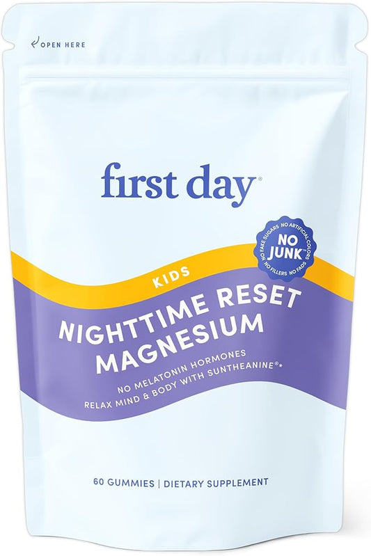 FIRST DAY Kids Magnesium Citrate Gummies (Ages 4+) with No Melatonin | Calm Kids Magnesium Gummies | Bedtime Supplement for Better Sleep with Suntheanine® L-Theanine | Strawberry | 30-Days Supply