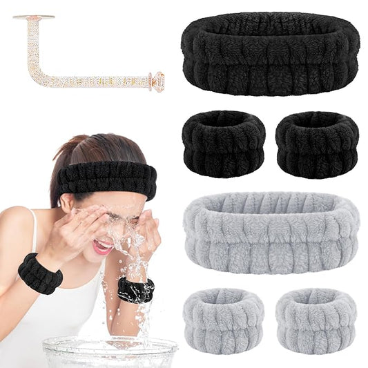 Face Wash Headband and Wristband Set - Microfiber Wrist Towels with Holder for Face Washing and Spa, Absorbent Scrunchies