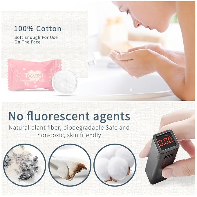 Classycoo Compressed Towel 100 PCS Tablets - Thick, Individually Wrapped Portable Disposable Face Towel Cotton Coin Cloth for Travel, Camping, Hiking, Beauty, Wipes(Soft, Odorless, 9.64 x 7 IN)