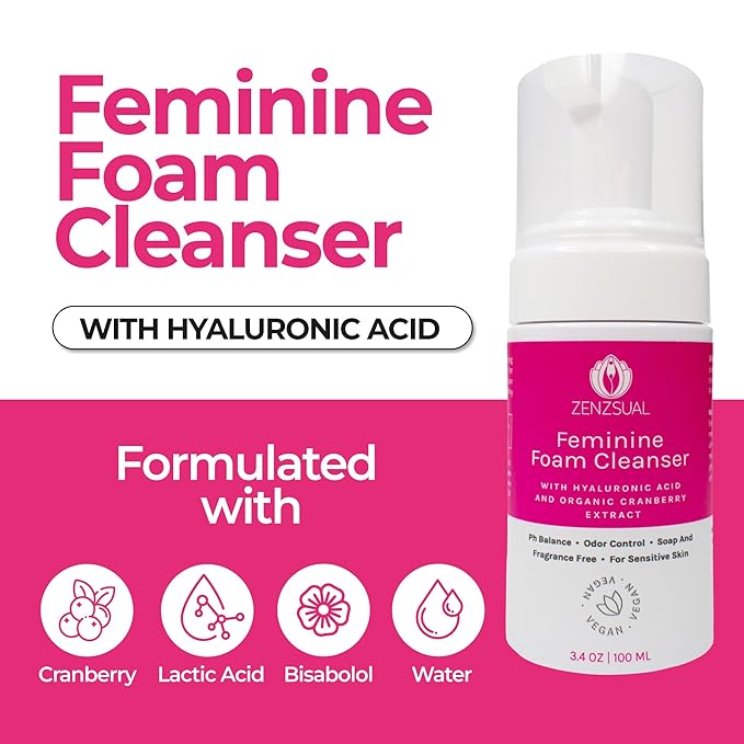 ZENZSUAL Feminine Foam Cleanser with Hyaluronic Acid & Organic Cranberry Extract – pH Balanced Feminine Wash for Sensitive Skin, Fragrance-Free Vaginal Cleanser, Hypoallergenic Intimate Care, 3.4 oz