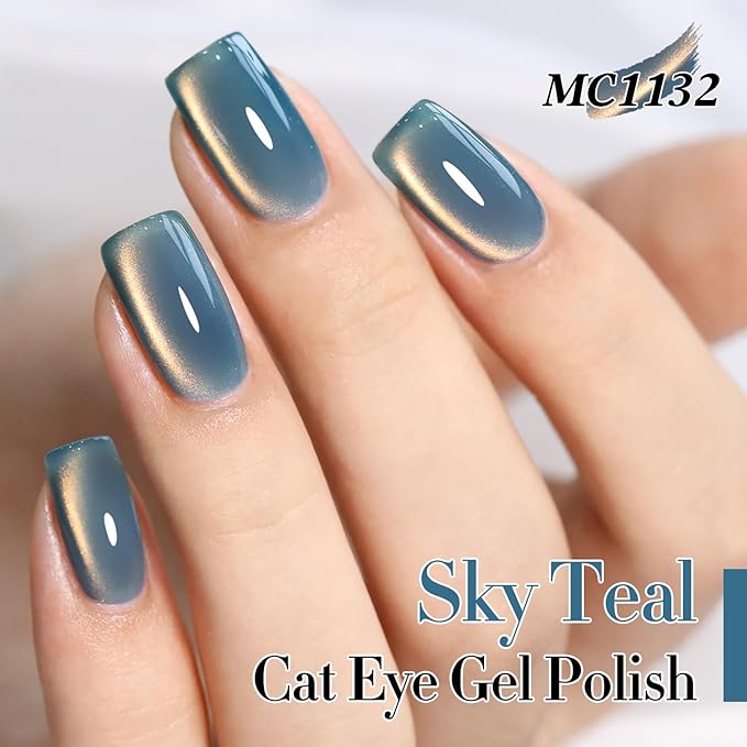 Double Rhythm 15ML Ice Glass Cat Eye Gel Polish with Magnet Holographic Glitter Shimmer Translucent Sheer Color Salon Soak Off Magnetic Nail at Home (SKy Teal-MC1132)