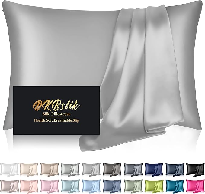 Silk Pillowcase for Hair and Skin, Mulberry Silk Pillow Cases Queen Size, Smooth Anti Acne Cooling Sleep Both Sides Natural Silk Satin Pillowcases with Hidden Zipper, Gifts for Women Men, Grey
