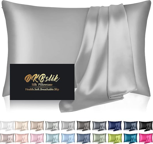 Silk Pillowcase for Hair and Skin, Mulberry Silk Pillow Cases Standard Size, Soft Anti Acne Cooling Sleep Both Sides Natural Silk Satin Pillow Covers with Hidden Zipper, Gifts for Women Men, Grey