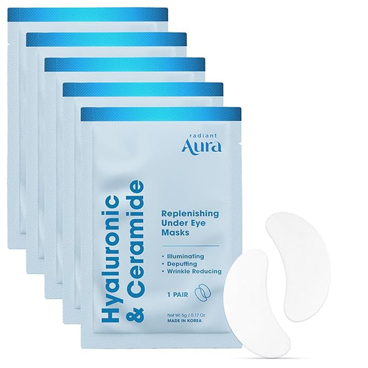 Radiant Aura Hyaluronic Acid & Ceramide Under Eye Patches - Dermatologist Tested, Anti Aging, Korean Skin Care - Anti Wrinkle Pads For Puffy Eyes And Under Eye Bags - Vegan, Clean Beauty - 5 Pairs