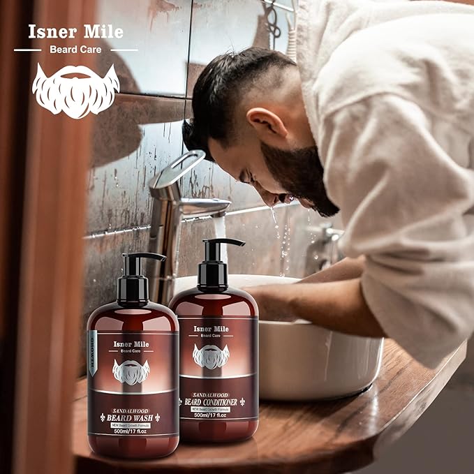 ISNER MILE Beard Wash & Conditioner Set for Men - 17 oz Shampoo with Biotin, Argan & Jojoba Oils for Smooth, Soft, and Strengthened Beard - Sandalwood Scented Grooming Gift