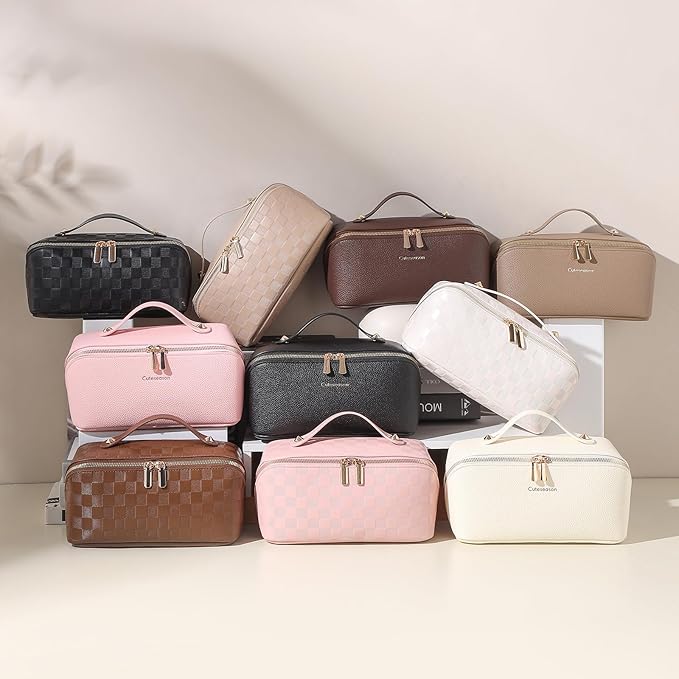 Makeup Bag, Travel Toiletry Bag for Women, Large Capacity Waterproof PU Leather Cosmetic Bags Make Up Organizer Bags with Headband and Wristband Set (Brown, Lychee Pattern)