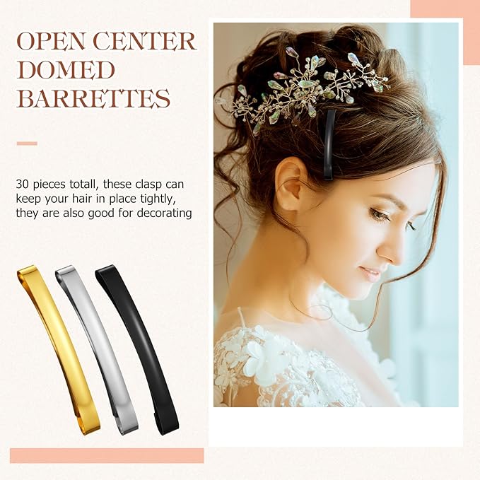 Hotop 30 Pieces Open Center Metal Barrettes Anti-slip Metal Hair Clip for Women, Assorted Colors(Slide Barrette,Black, Silver, Gold)