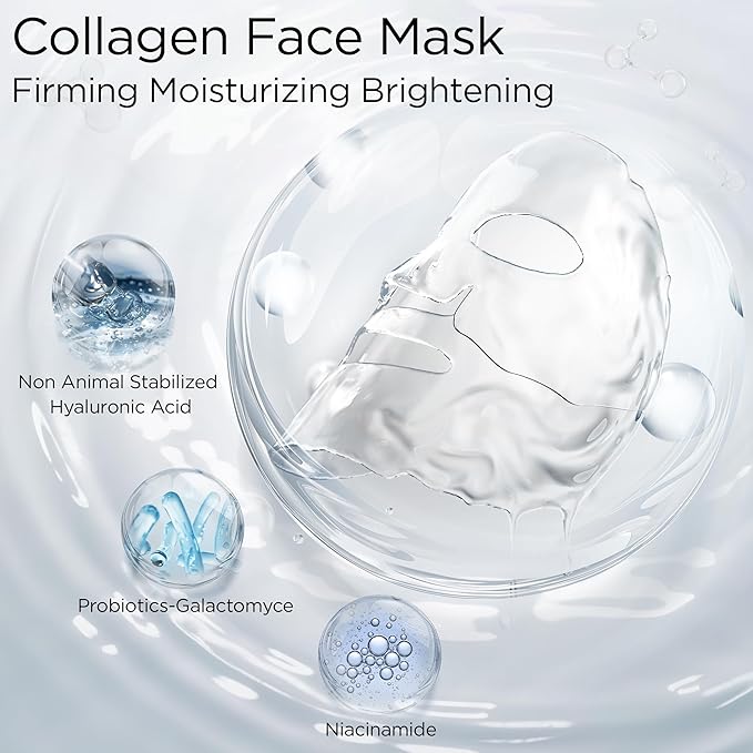 Hydrating Overnight Collagen Facial Mask 4 Sheets,Bio- Collagen Mask Real Deep Mask,Containing 80,000ppm Hydrolyzed Marine Collagen Peptide for Tighten, Elasticity, Pore Minimizing