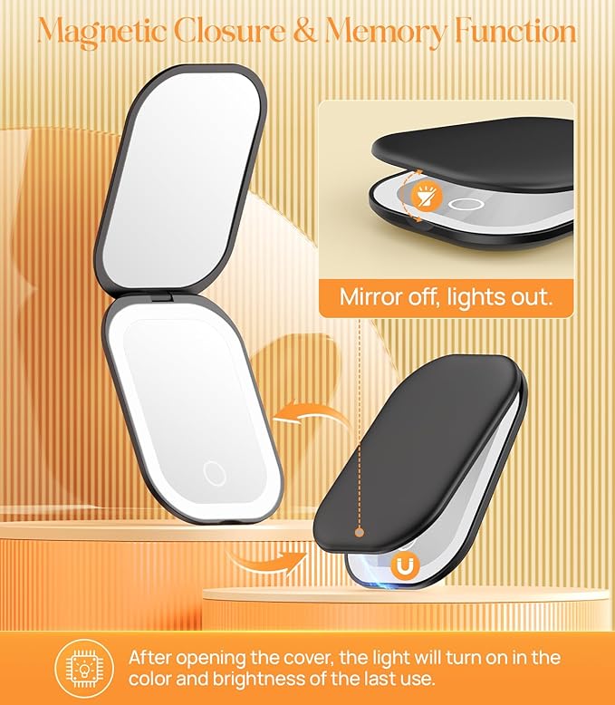 Gospire Lighted Compact Mirror with Light and Magnification 1X/3X, Stepless Dimming and Three-Color Adjustable Lights, Rechargeable Battery and Small Mirror for Purse and Travel - Black