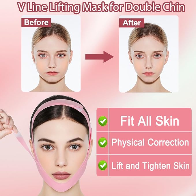 V Line Lifting Mask, Soft Silicone Double Chin Reducer, Chin Strap for Sleeping - Jawline Shaper - Face Lifting Strap 23-27 Inches (Pink)