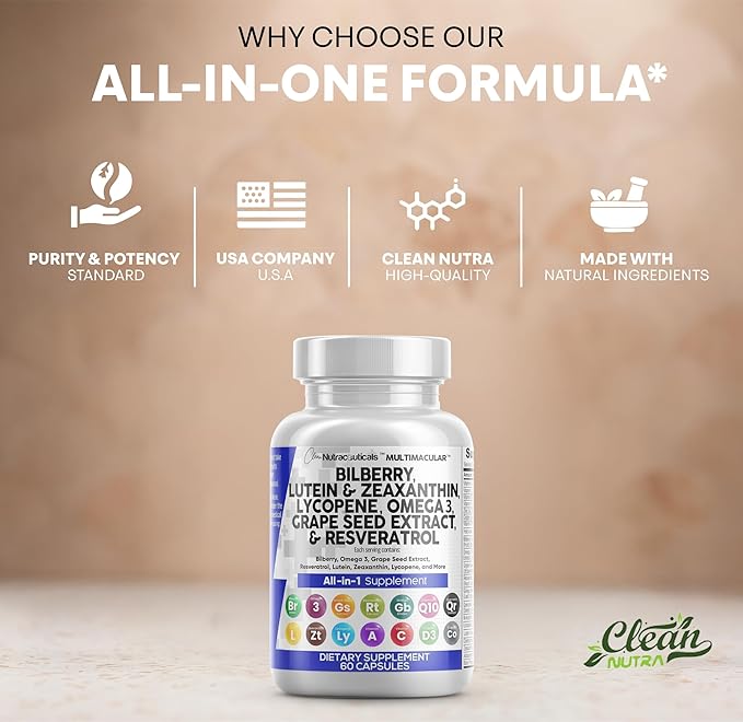 Clean Nutra Eye Vitamins with Bilberry Lutein and Zeaxanthin Supplements Lycopene 40mg Resveratrol Grape Seed Astaxanthin for Eyes - Eye Care Health Support Eye Vitamin and Mineral Supplement