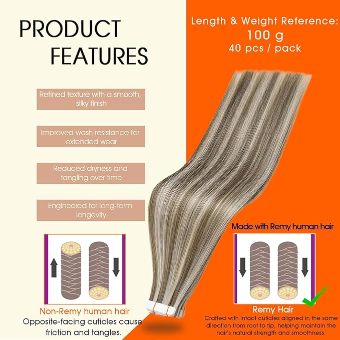 Full Shine Tape ins Human Hair Extensions Color 8 Ash Brown Highlight 60 Beige Blonde Invisible Tape in Hair Extensions Human Hair 18Inch 100G 40Pcs for Everyday Glam