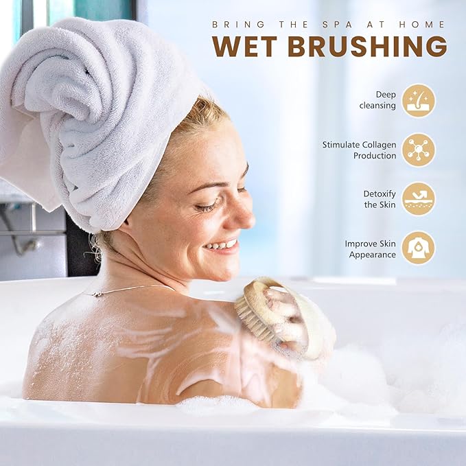 POPCHOSE Dry Brushing Body Brush, Natural Bristle Dry Skin Exfoliating Brush Body Scrub for Flawless Skin, Cellulite Reduction, Lymphatic Drainage and Blood Circulation Improvement